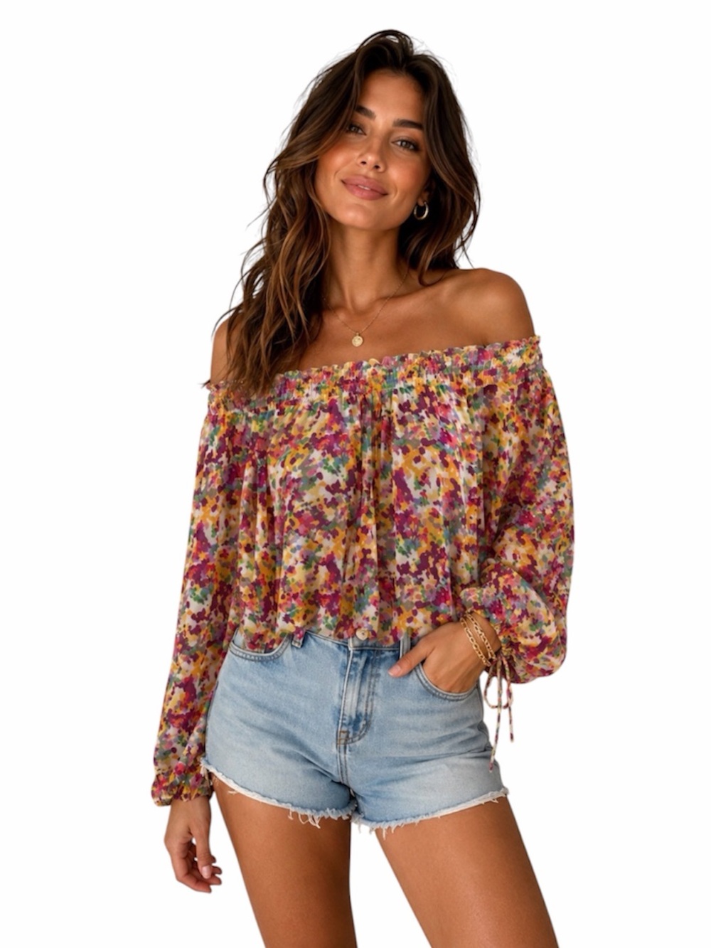 Route 66 Boho Watercolor Floral Peasant Blouse Smocked Off Shoulder